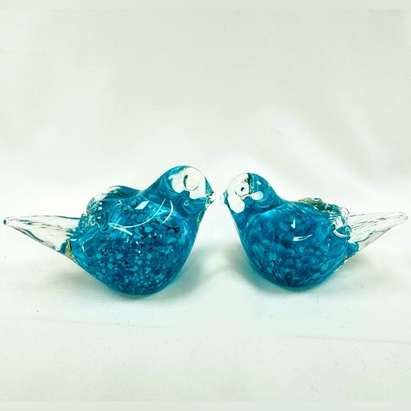 Other - Art Glass Birds Handblown Pair Blue Teal White Valentine Mothers Day 2 Sizes